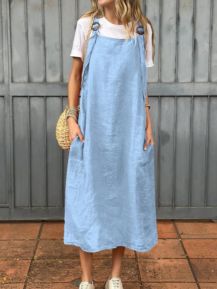 Damen Lässiges Leinenkleid mit praktischen Trägerdetails und großen Taschen Drune