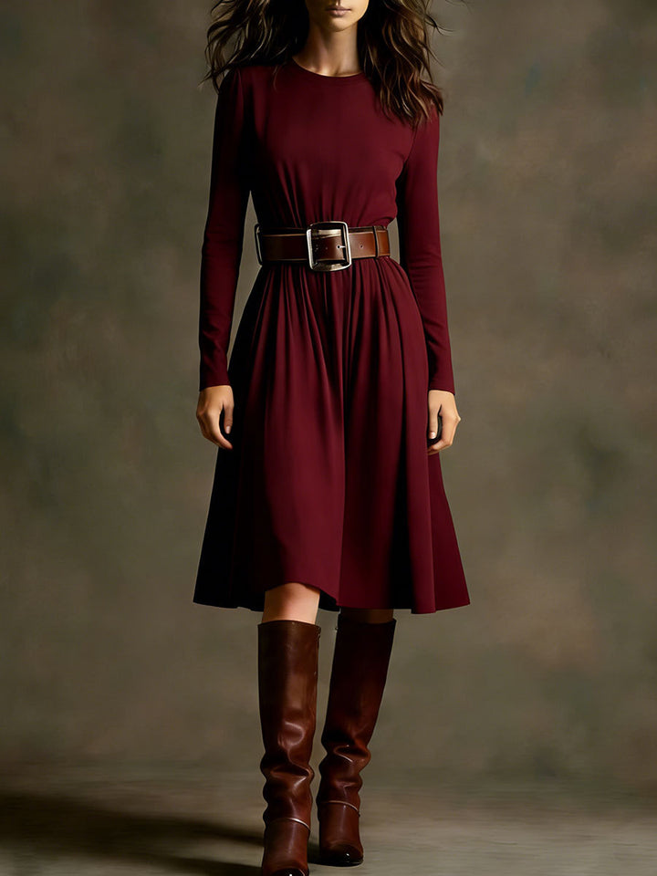 Damen Elegantes Kleid mit langem Arm und Taillengürtel Drune