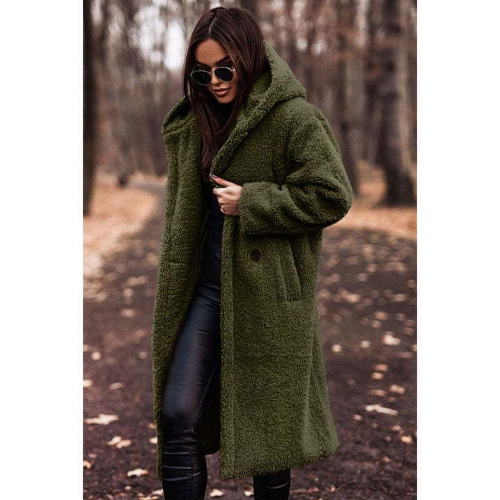 Damen kuscheliger Fleece-Mantel mit Kapuze und praktischen Taschen Drune