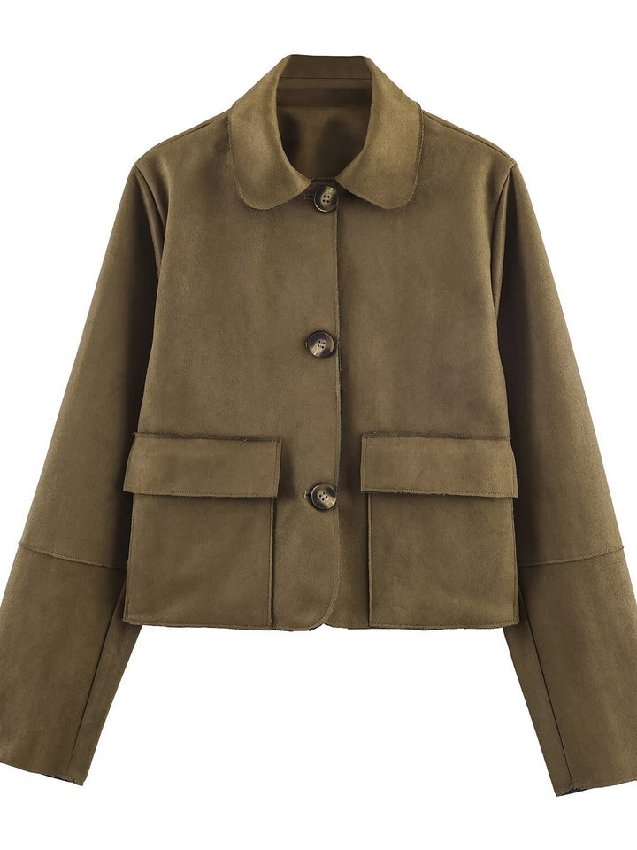 Damen modische Kurzjacke mit praktischen Taschen und dezentem Kragen Drune