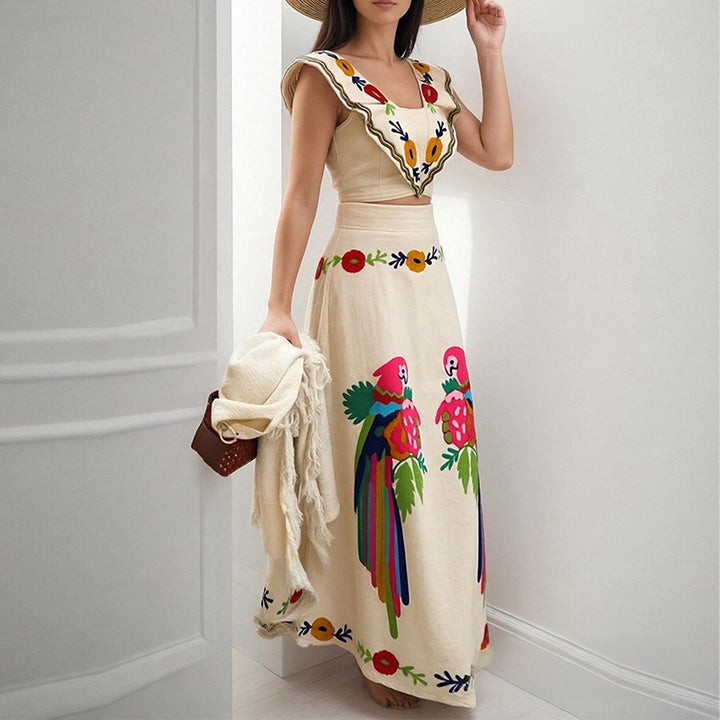 Damen Elegantes Maxikleid mit kunstvollem Stickmuster und Volantärmeln Drune