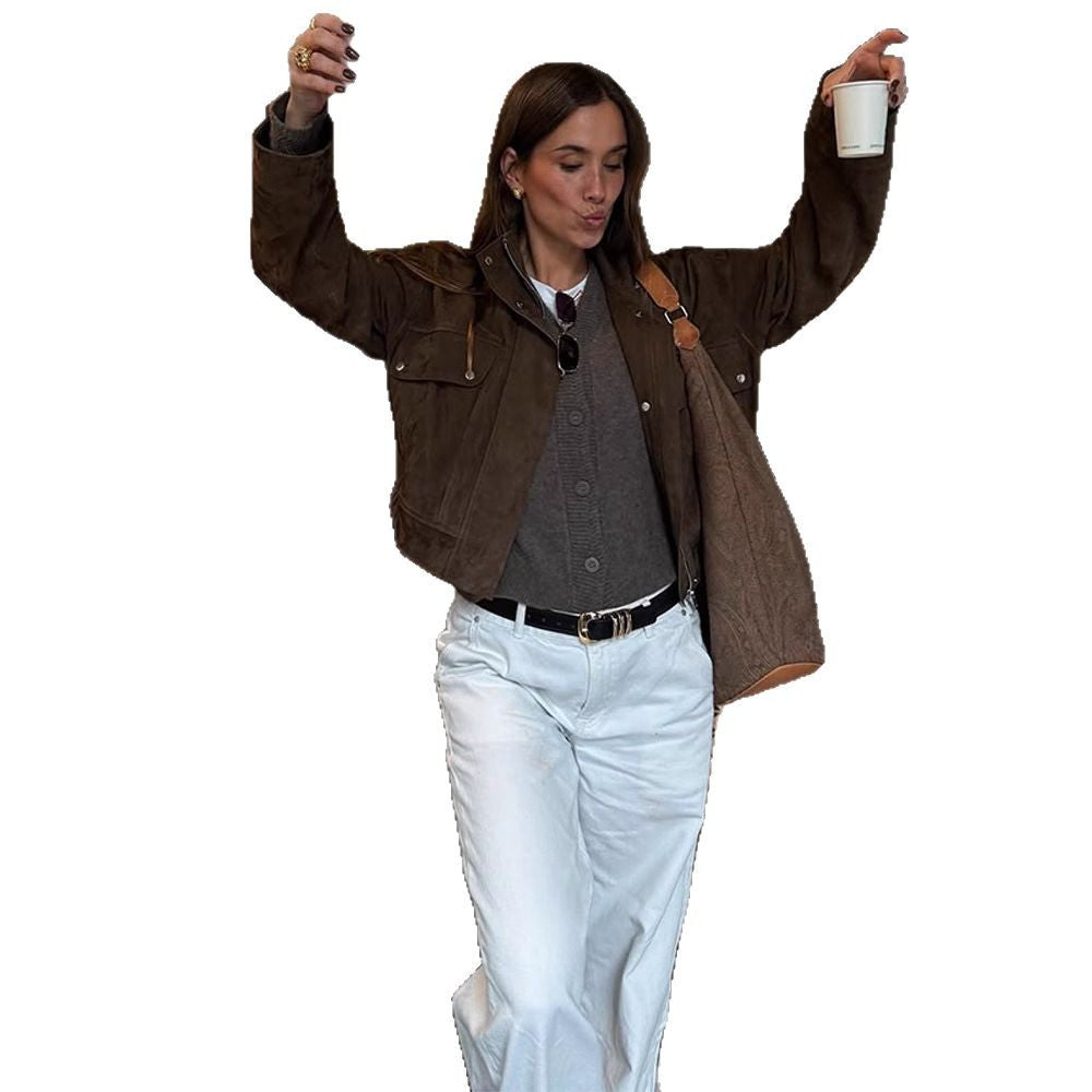 Damen lässige Suede-Jacke mit funktionalen Taschen und modernem Design Drune