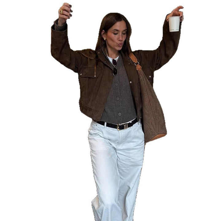 Damen lässige Suede-Jacke mit funktionalen Taschen und modernem Design Drune