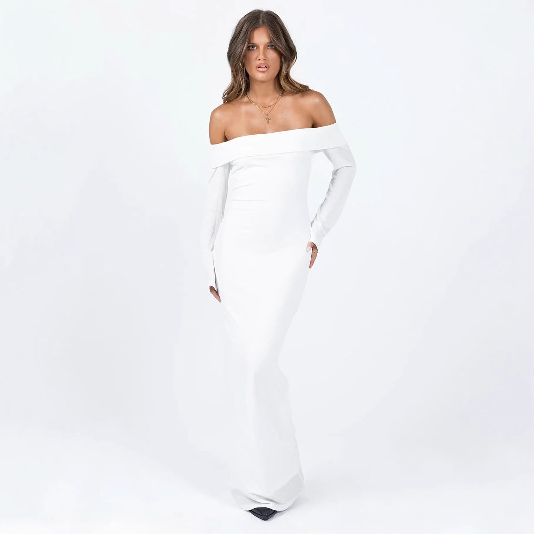 Damen Off-Shoulder Maxikleid mit langen Ärmeln und figurbetontem Schnitt Drune