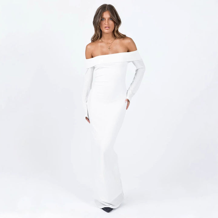 Damen Off-Shoulder Maxikleid mit langen Ärmeln und figurbetontem Schnitt Drune