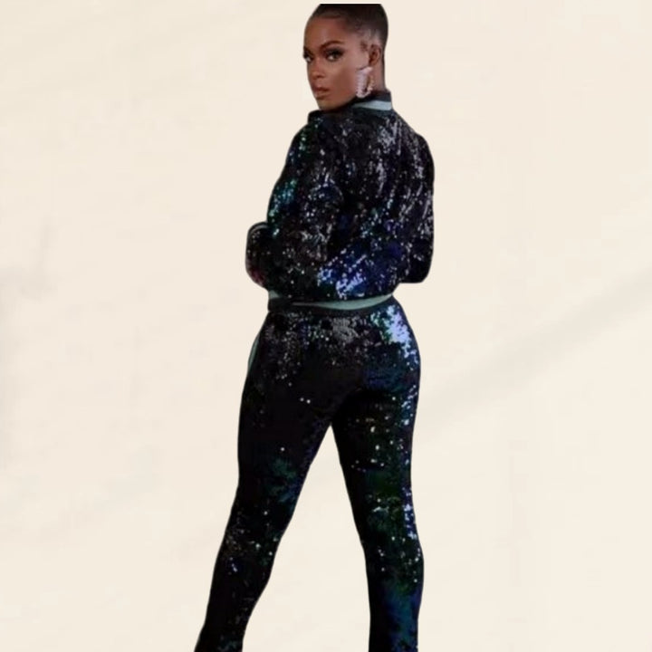 Damen Glitzerndes Sportanzug-Set mit trendigen Streifen Drune