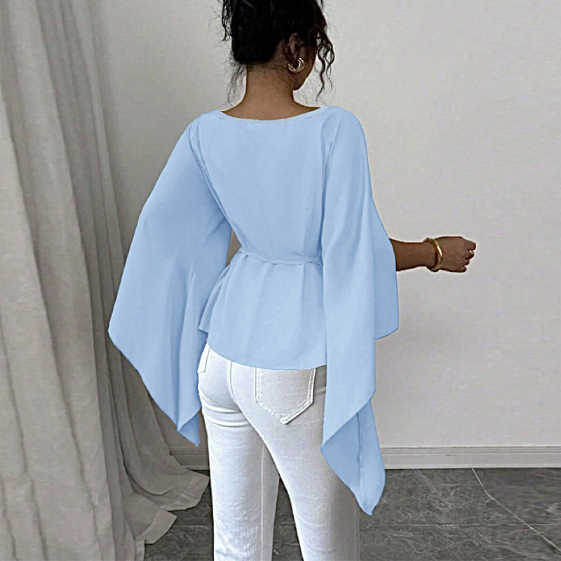 Damen elegantes Oberteil mit Abknöpfbarem Blumenapplikation und Flügelärmel Drune