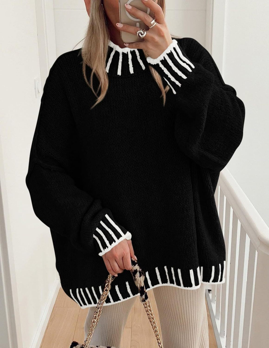 Damen lässiger Grobstrickpullover mit modernem Streifenmuster Drune