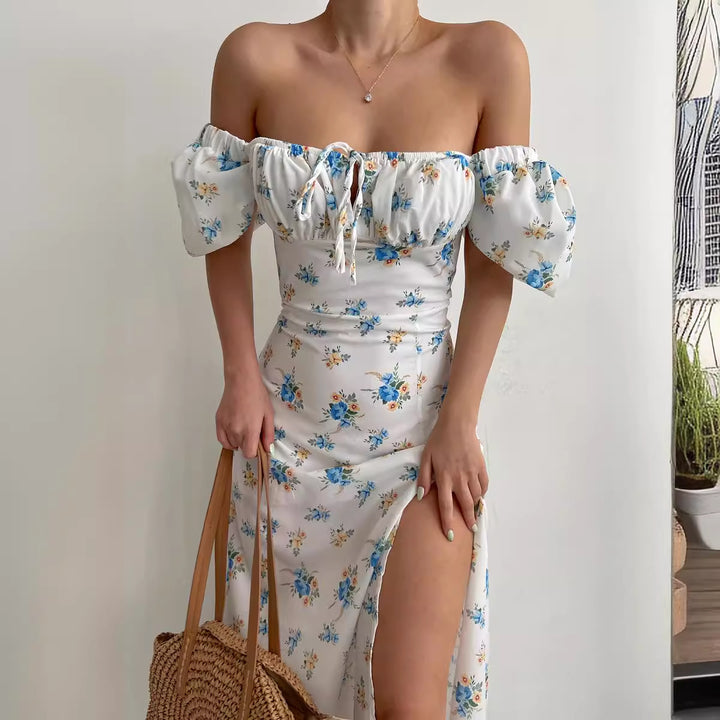 Damen Blütenmuster Maxikleid mit Puffärmeln und hohem Beinschlitz Drune