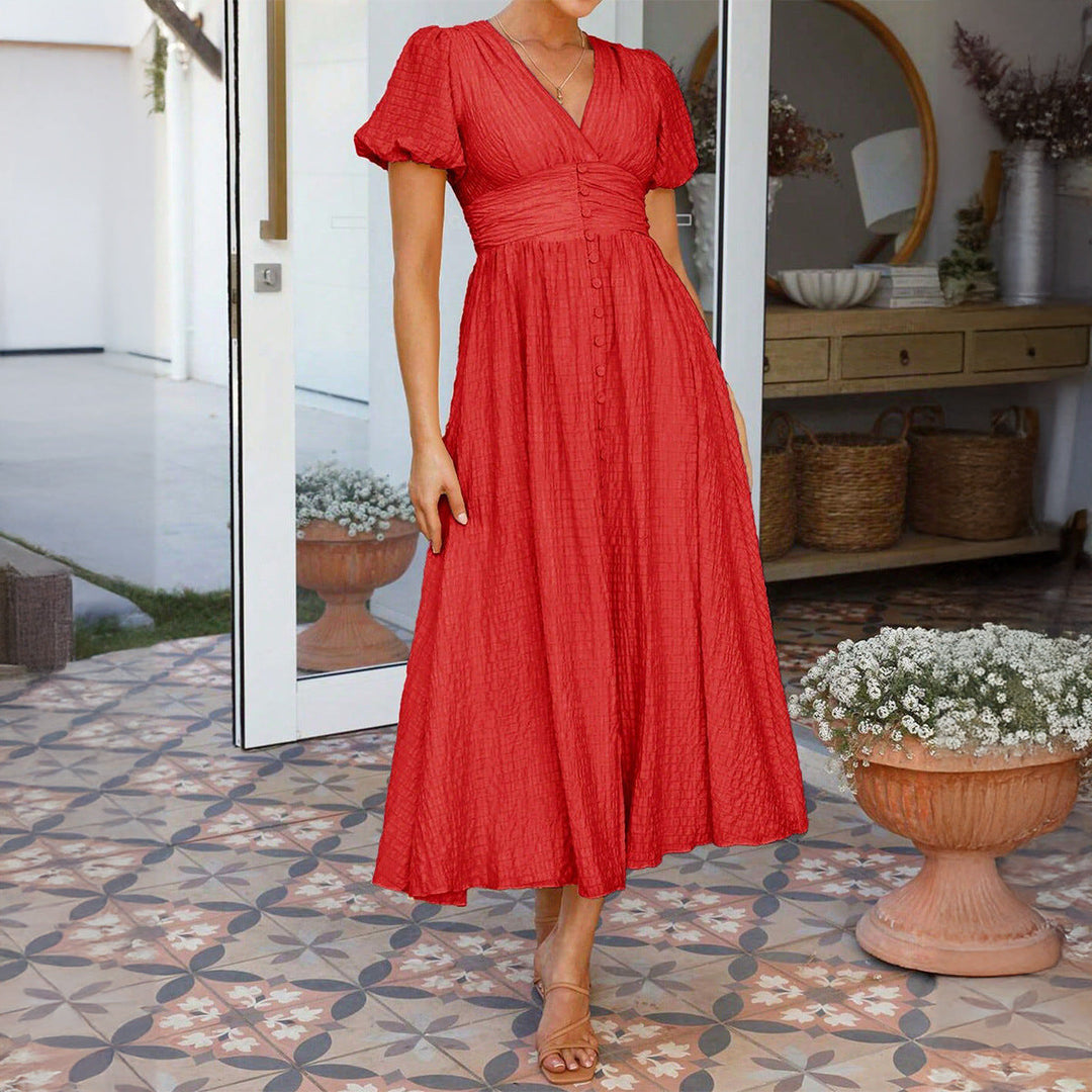 Damen Maxikleid mit V-Ausschnitt und luftigen Puffärmeln Drune