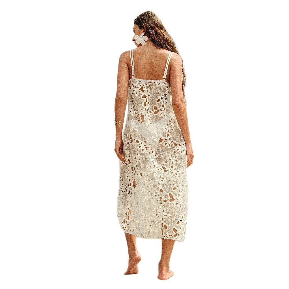 Damen elegantes transparentes Strandkleid mit floralen Häkelverzierungen Drune