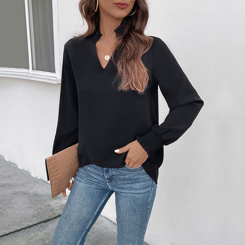 Damen lässiges Viskosebluse mit modischen Puffärmeln und V-Ausschnitt Drune