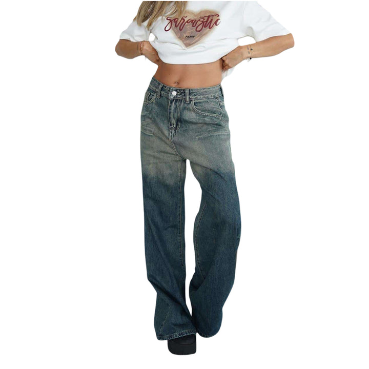 Damen lockere High-Waist Jeans mit angesagtem Farbverlauf und weitem Bein Drune