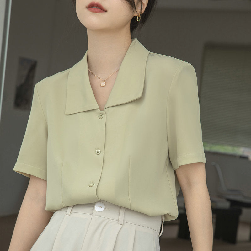 Damen Kurzarmbluse mit modernem Kragen und elegantem Knopfdesign Drune