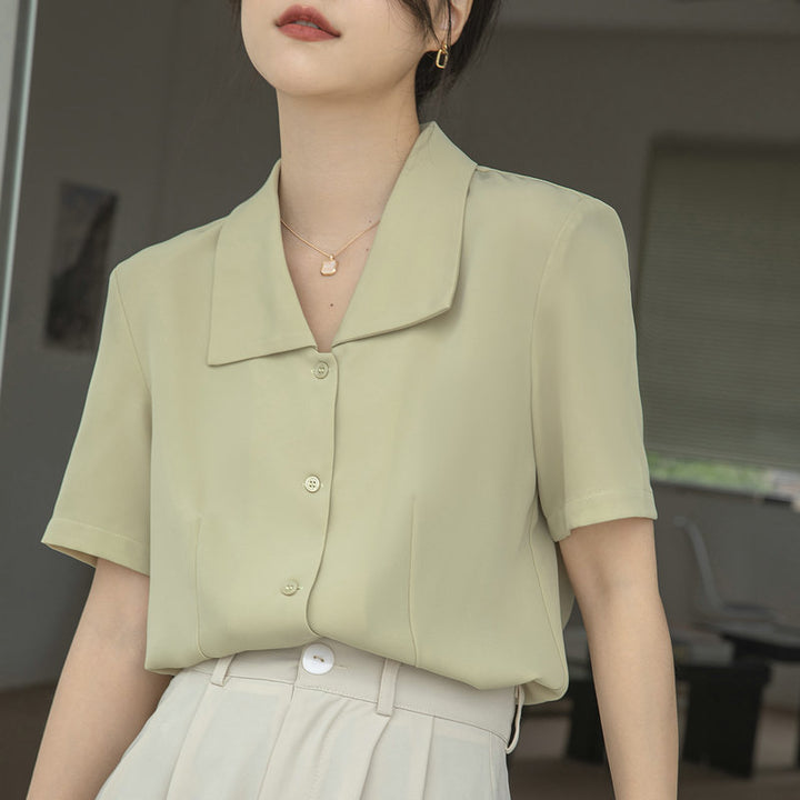 Damen Kurzarmbluse mit modernem Kragen und elegantem Knopfdesign Drune