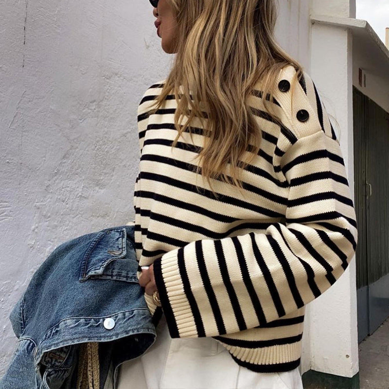 Damen lässiger Strickpullover mit modischem Streifenmuster und eleganten Knopfdetails Drune