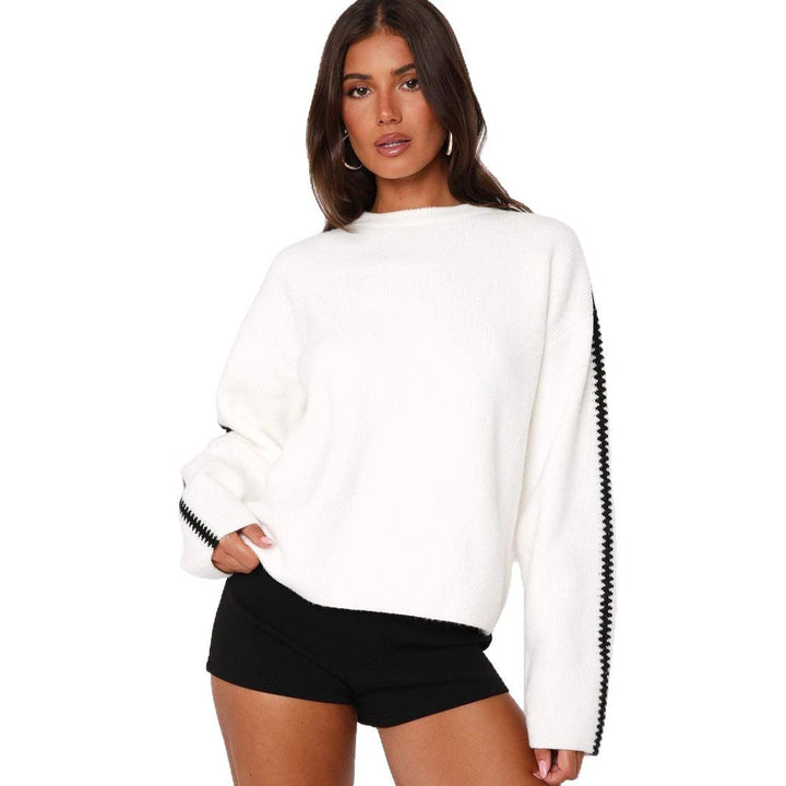 Damen lässiger Strickpullover mit elegantem Rippenmuster und kontrastierenden Details Drune