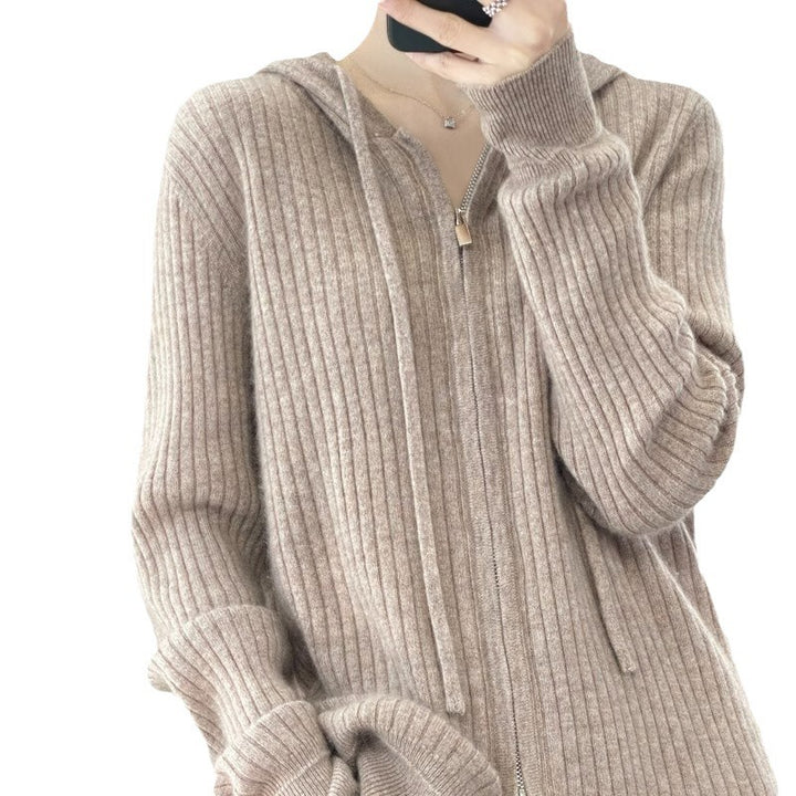Damen Strickpullover mit Kapuze und Reißverschluss Drune