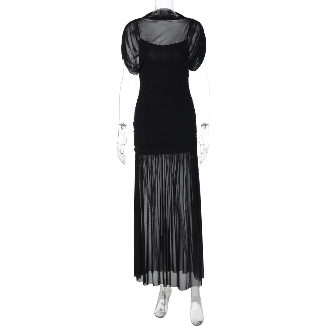 Damen Maxi-Kleid mit transparenten Puffärmeln und elegantem Raffungseffekt Drune