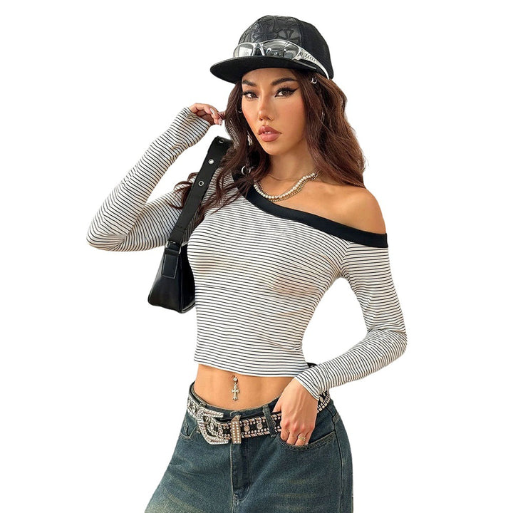 Damen Off-Shoulder Langarmshirt mit gestreiftem Design Drune