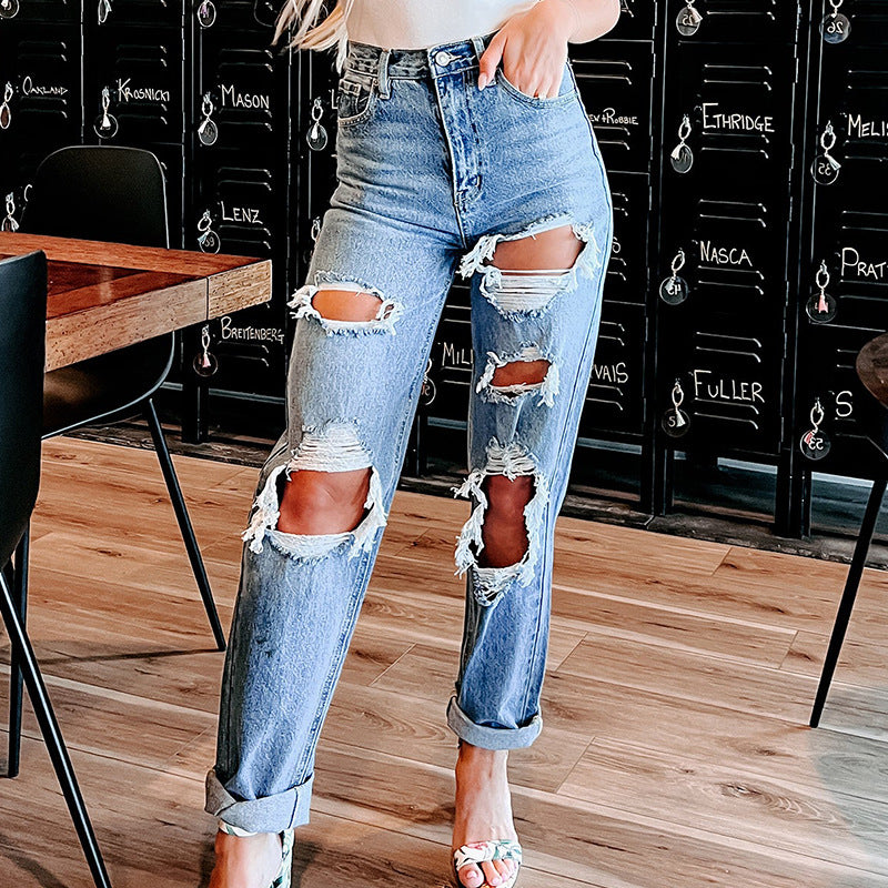 Damen Destroyed Boyfriend Jeans im lässigen Schnitt mit hohem Bund Drune