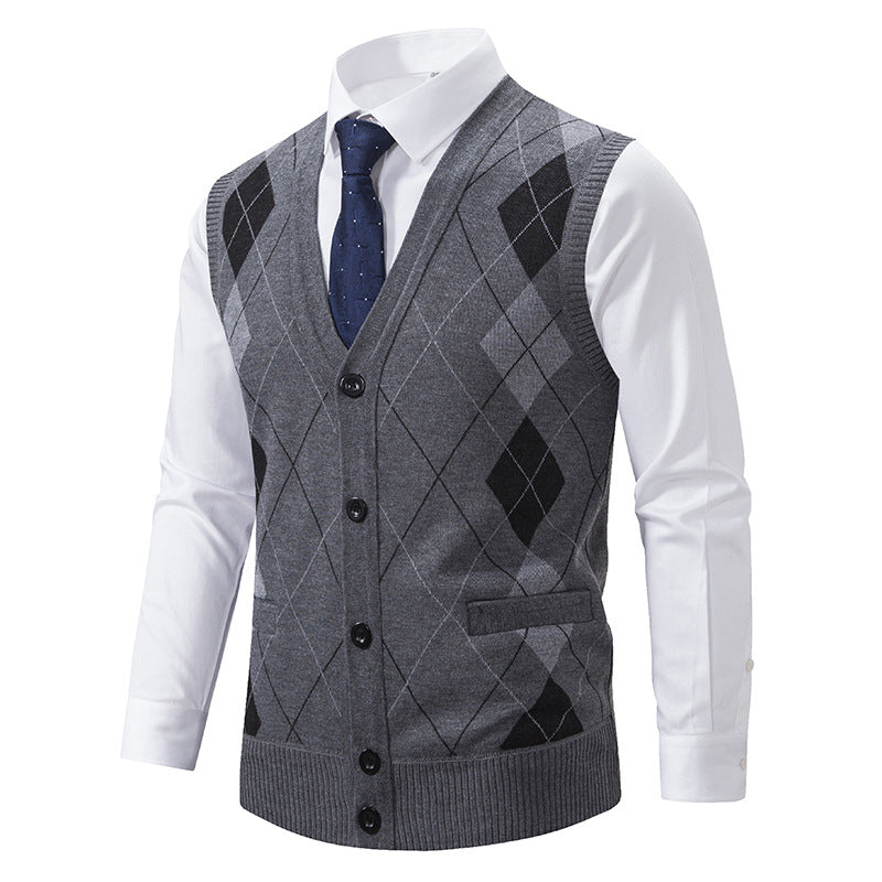 Herren nan ärmellose Strickweste mit Argyle-Muster, Teddyfutter und durchgehender Knopfleiste Drune