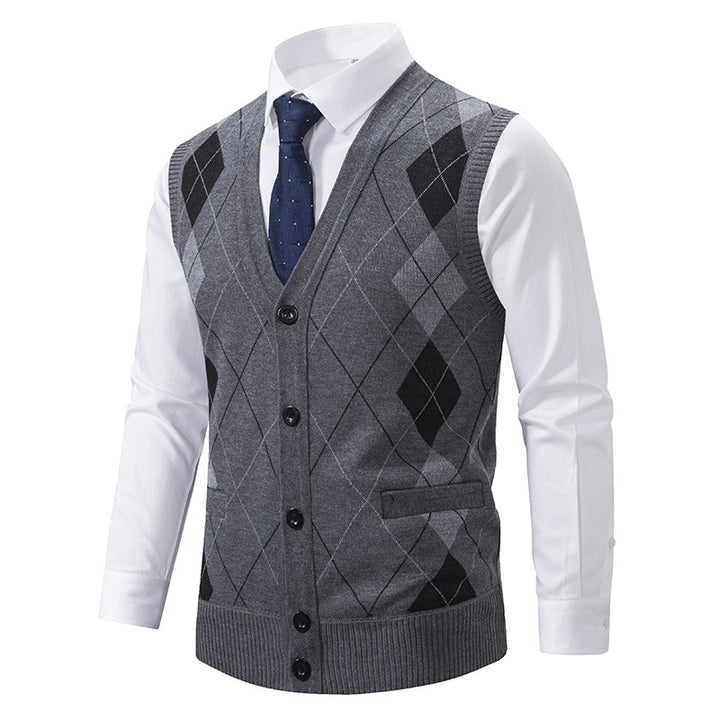 Herren nan ärmellose Strickweste mit Argyle-Muster, Teddyfutter und durchgehender Knopfleiste Drune