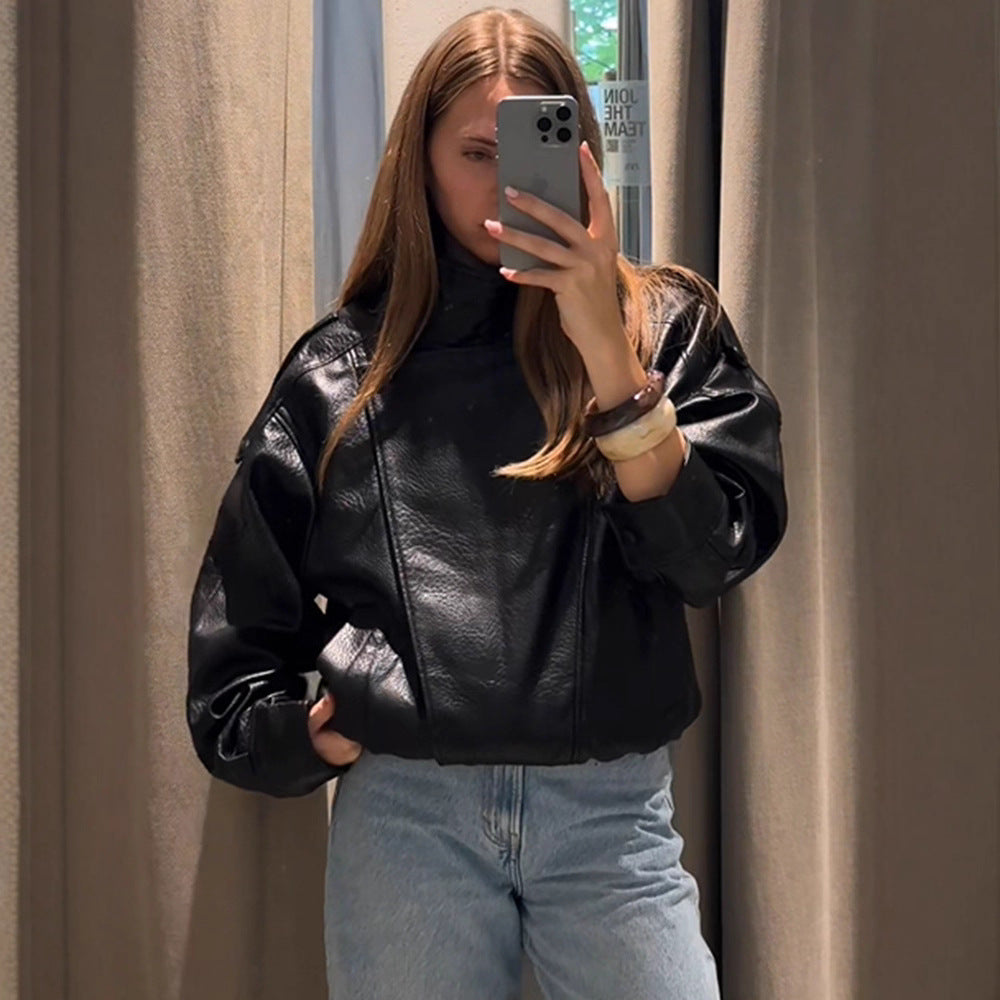 Damen lässige Kunstlederjacke im Oversized-Schnitt Drune