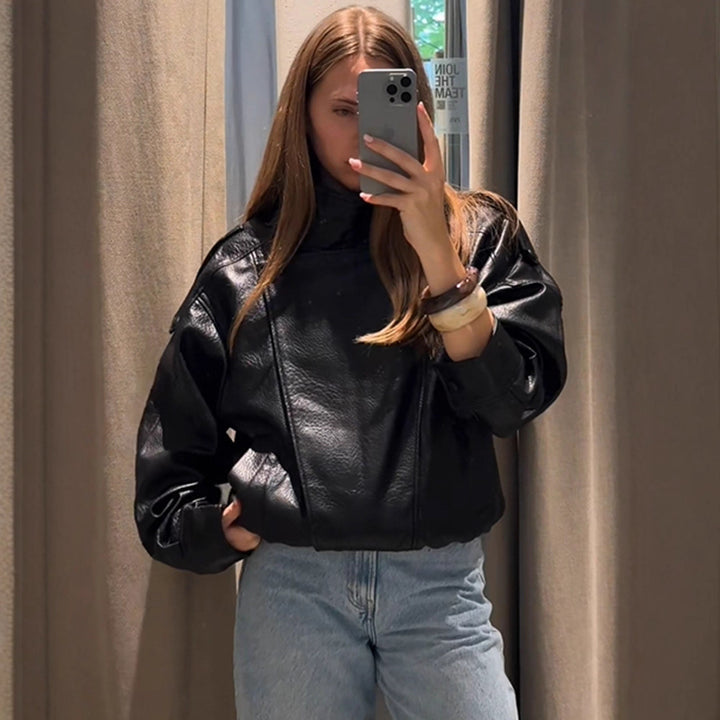 Damen lässige Kunstlederjacke im Oversized-Schnitt Drune