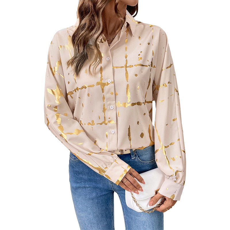 Damen lässige Bluse mit elegantem Goldmuster und lässigen langen Ärmeln Drune