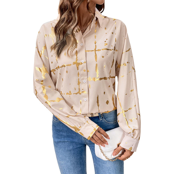 Damen lässige Bluse mit elegantem Goldmuster und lässigen langen Ärmeln Drune