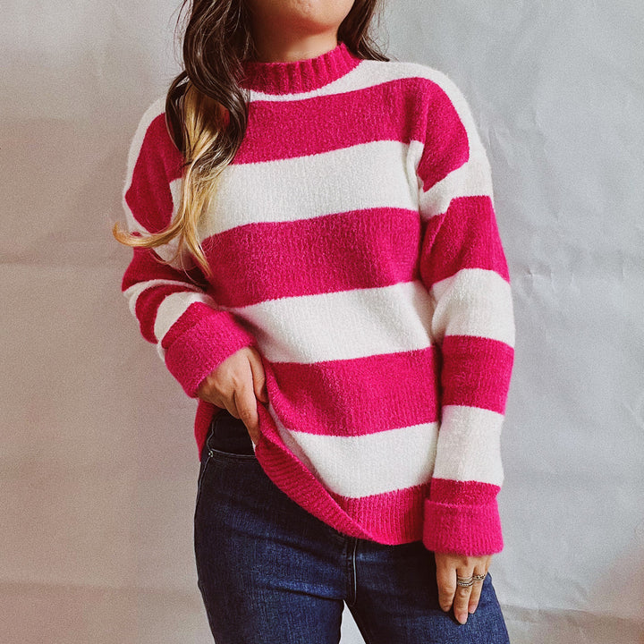 Damen Strickpullover mit modernen Blockstreifen und hohem Kragen Drune