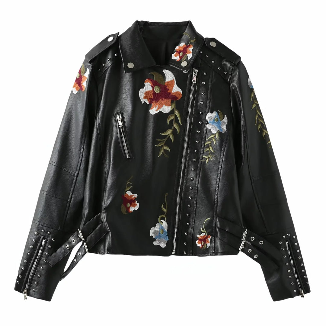 Damen kunstleder Bikerjacke mit floralem Stickdesign und Nietenverzierungen Drune