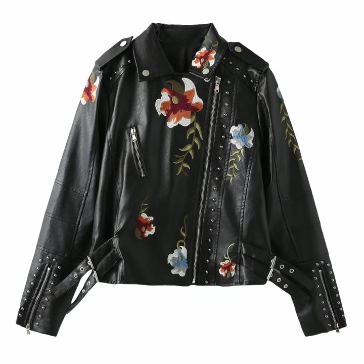 Damen kunstleder Bikerjacke mit floralem Stickdesign und Nietenverzierungen Drune