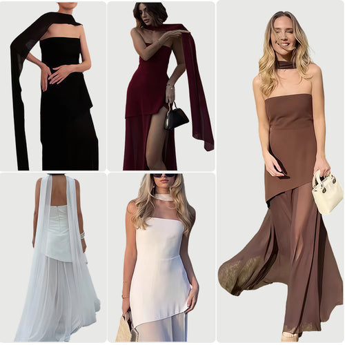 Damen Elegantes Maxikleid mit asymmetrischem Schnitt und schickem Schlitz Drune