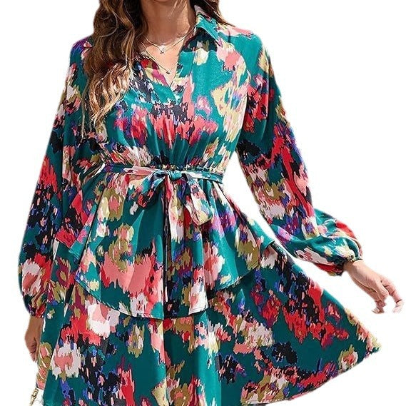 Damen Blusenkleid mit floralem Muster und Bindegürtel Drune