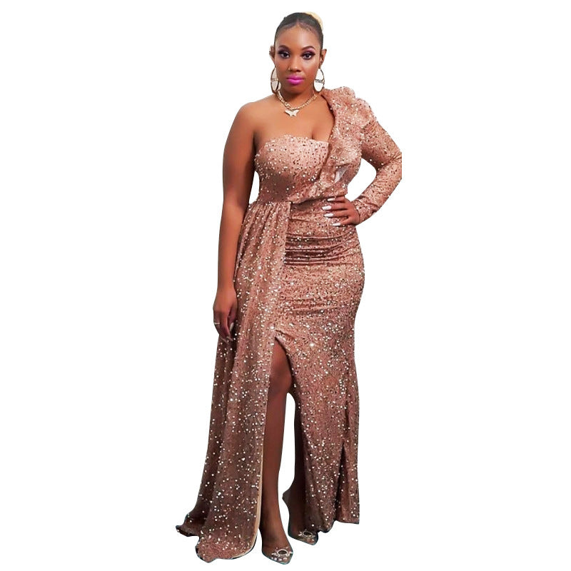 Damen Glitzerndes Abendkleid mit asymmetrischem Design und seitlichem Schlitz Drune