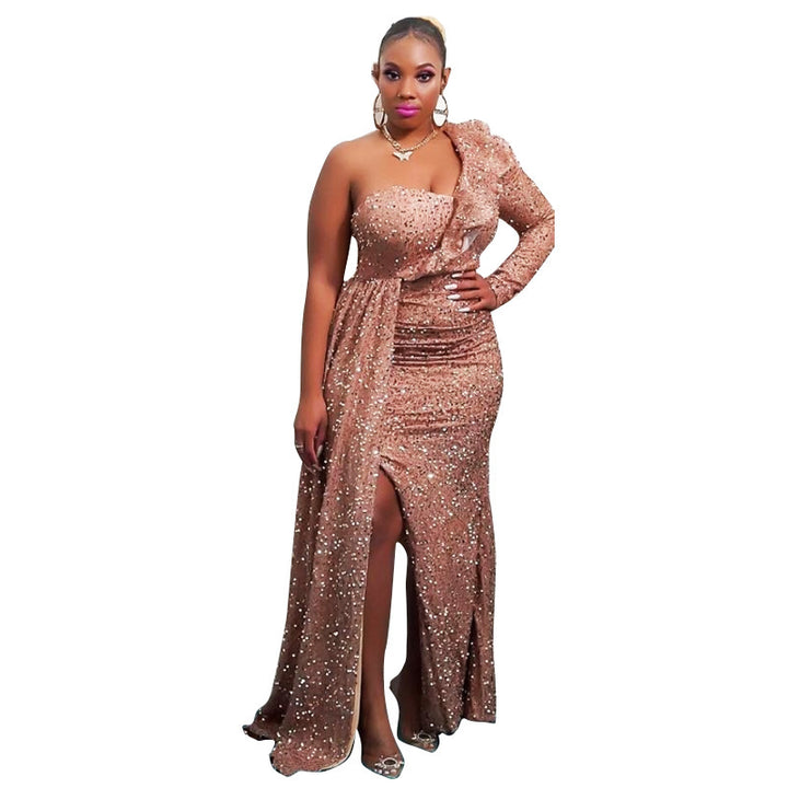 Damen Glitzerndes Abendkleid mit asymmetrischem Design und seitlichem Schlitz Drune