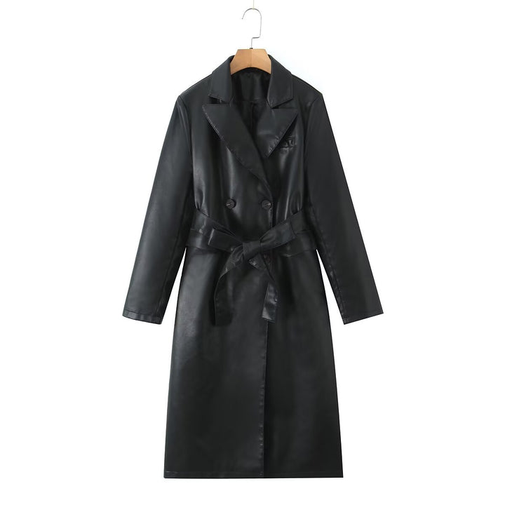Damen Kunstleder Trenchcoat mit Taillengürtel und eleganter Taschennaht Drune