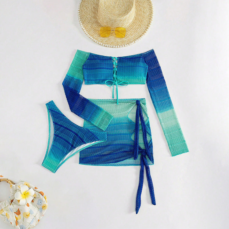 Damen Off-Shoulder Badeoberteil mit Rüschen und Bindebändern Drune