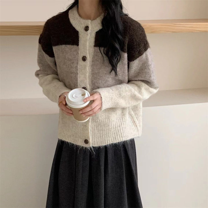 Damen Gemütlicher Strickcardigan mit Knopfverschluss und kontrastierenden Farbstreifen Drune
