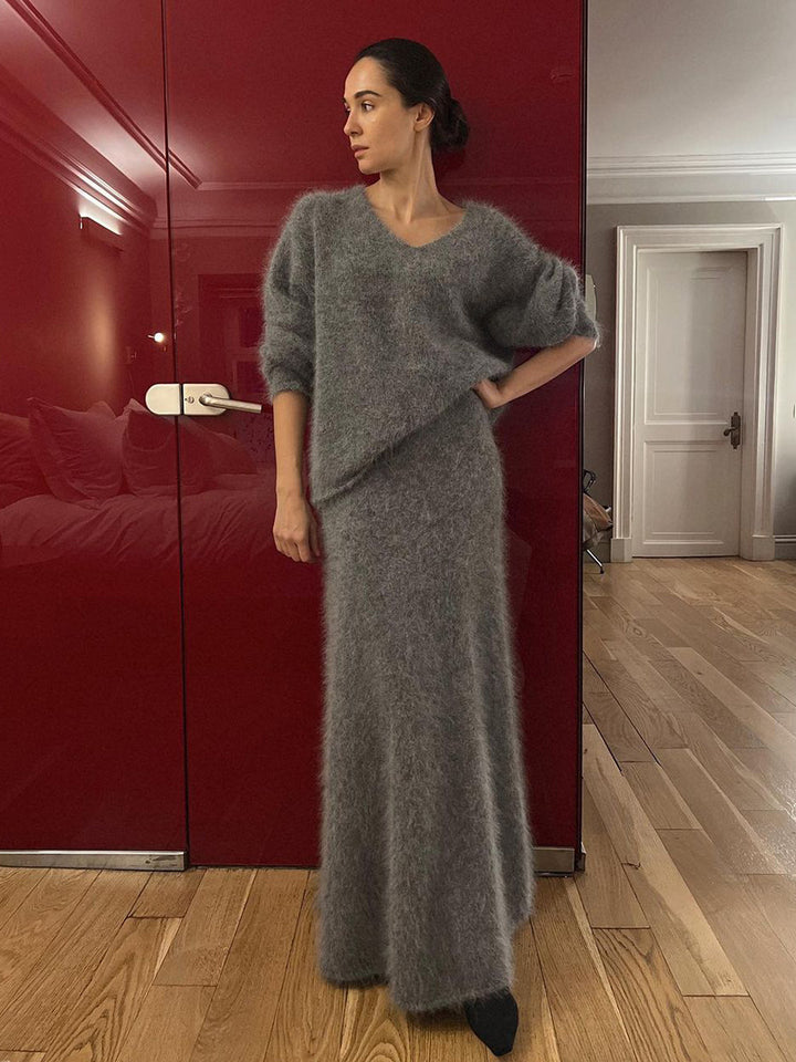 Damen Elegantes Strickkleid mit V-Ausschnitt und weitem Schnitt Drune