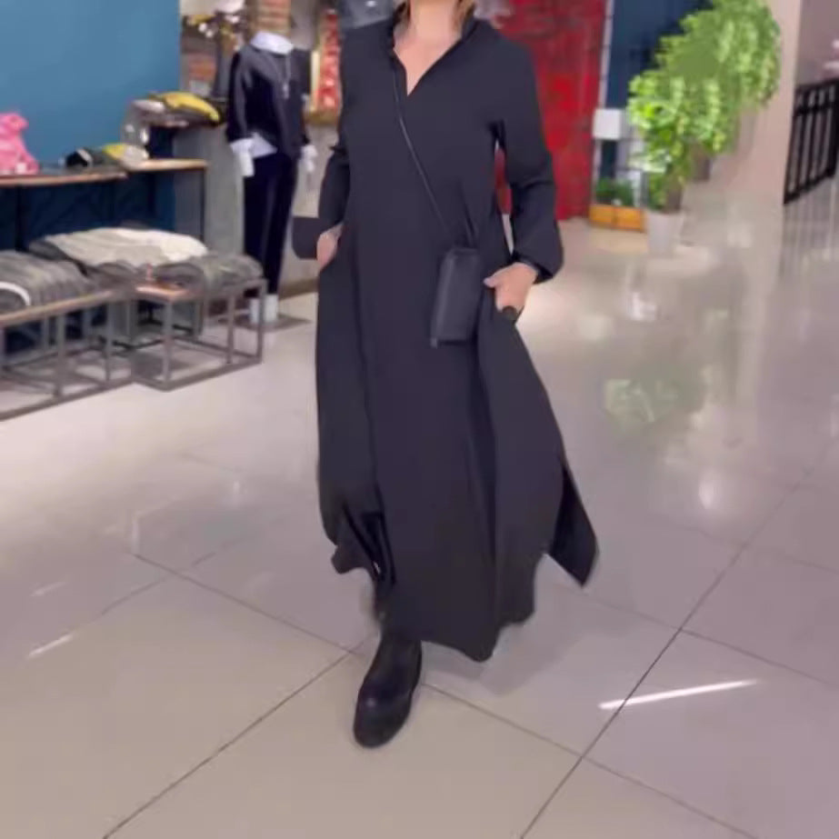 Damen nan fließendes Maxikleid mit V-Ausschnitt, kastiger A-Linie und langen Ärmeln Drune