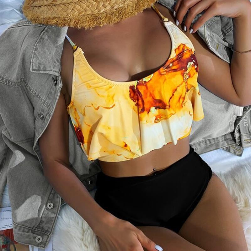Damen Sportlicher Bikini mit floralen Rüschen Drune