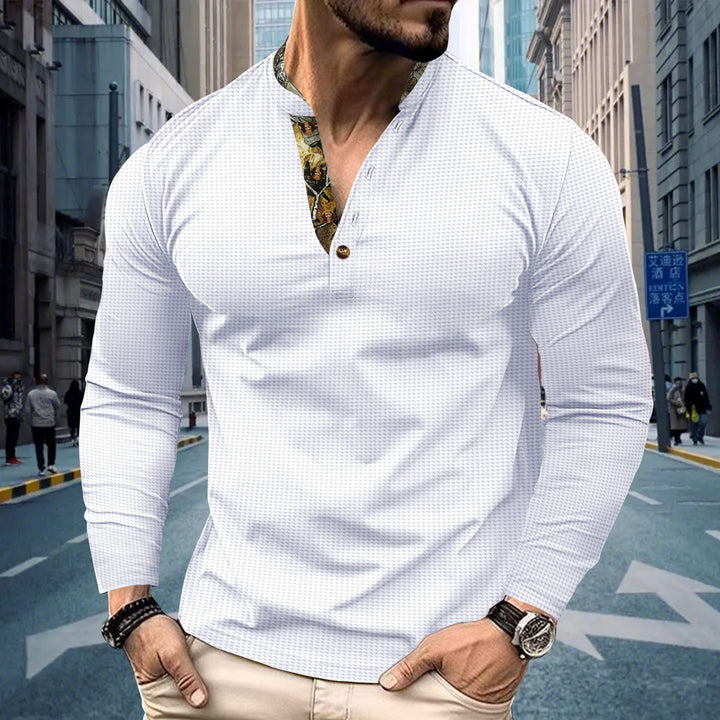 Herren nan langärmeliges Henley-Shirt mit Stehkragen und gemustertem Knopfleistenbesatz Drune