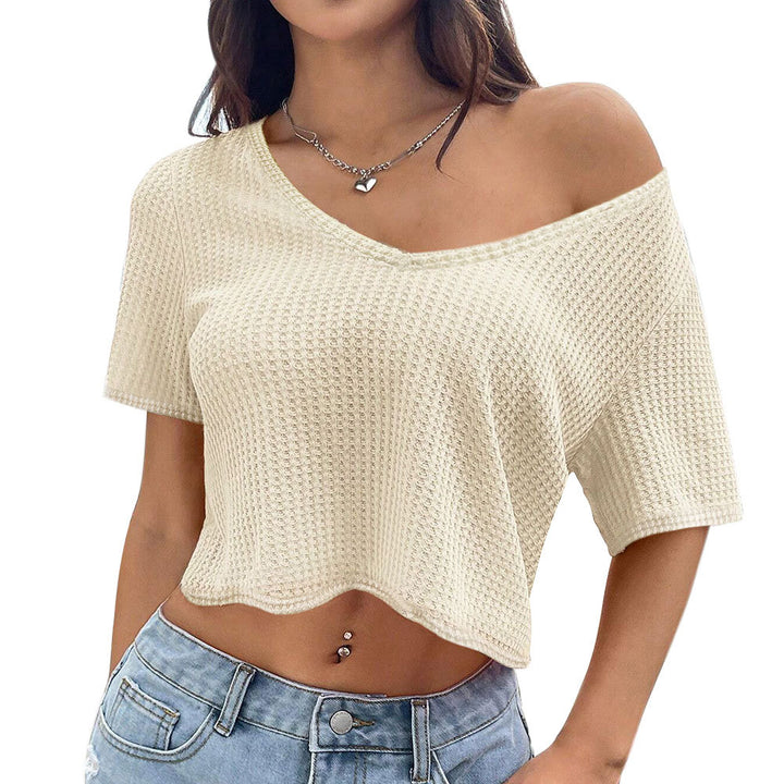 Damen lässiges cropped T-Shirt mit asymmetrischem V-Ausschnitt und luftiger Struktur Drune