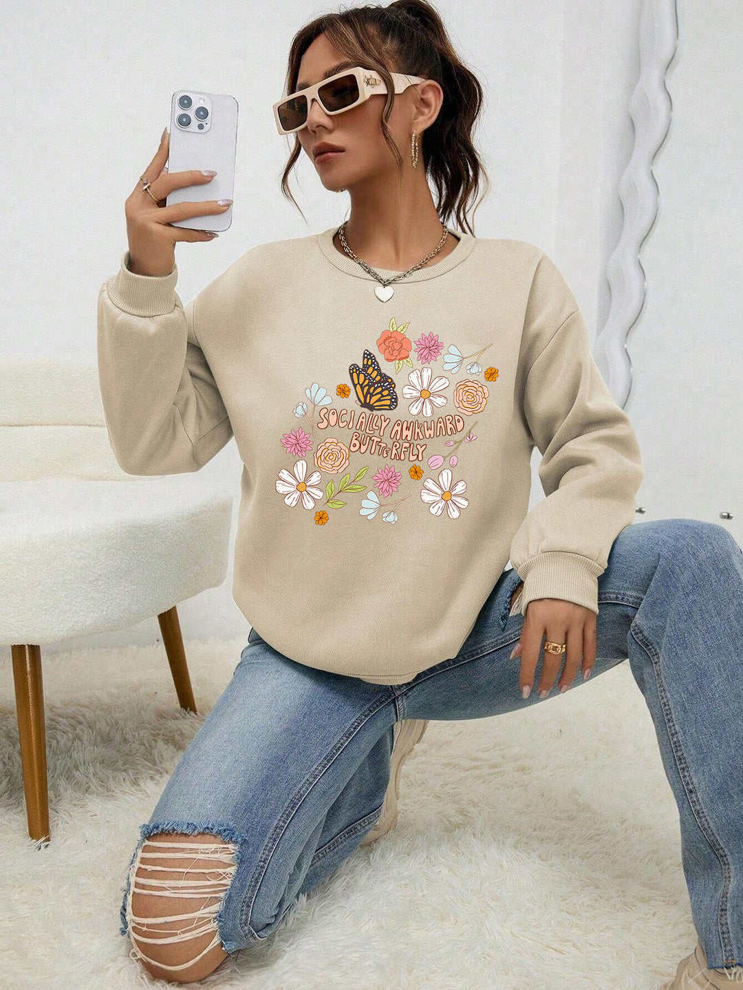 Damen Sweatshirt mit kreativem Floraldesign und inspirierendem Aufdruck Drune