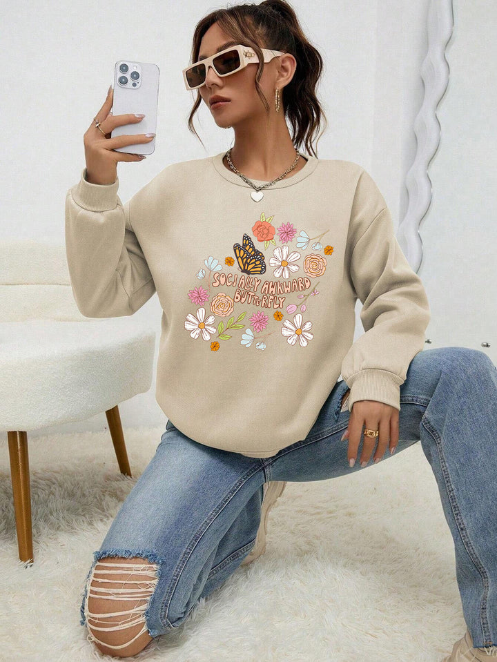 Damen Sweatshirt mit kreativem Floraldesign und inspirierendem Aufdruck Drune