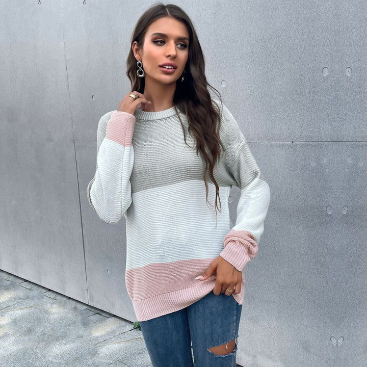 Damen lässiger Strickpullover mit Farbblock-Design und leichtem Rundhalsausschnitt Drune