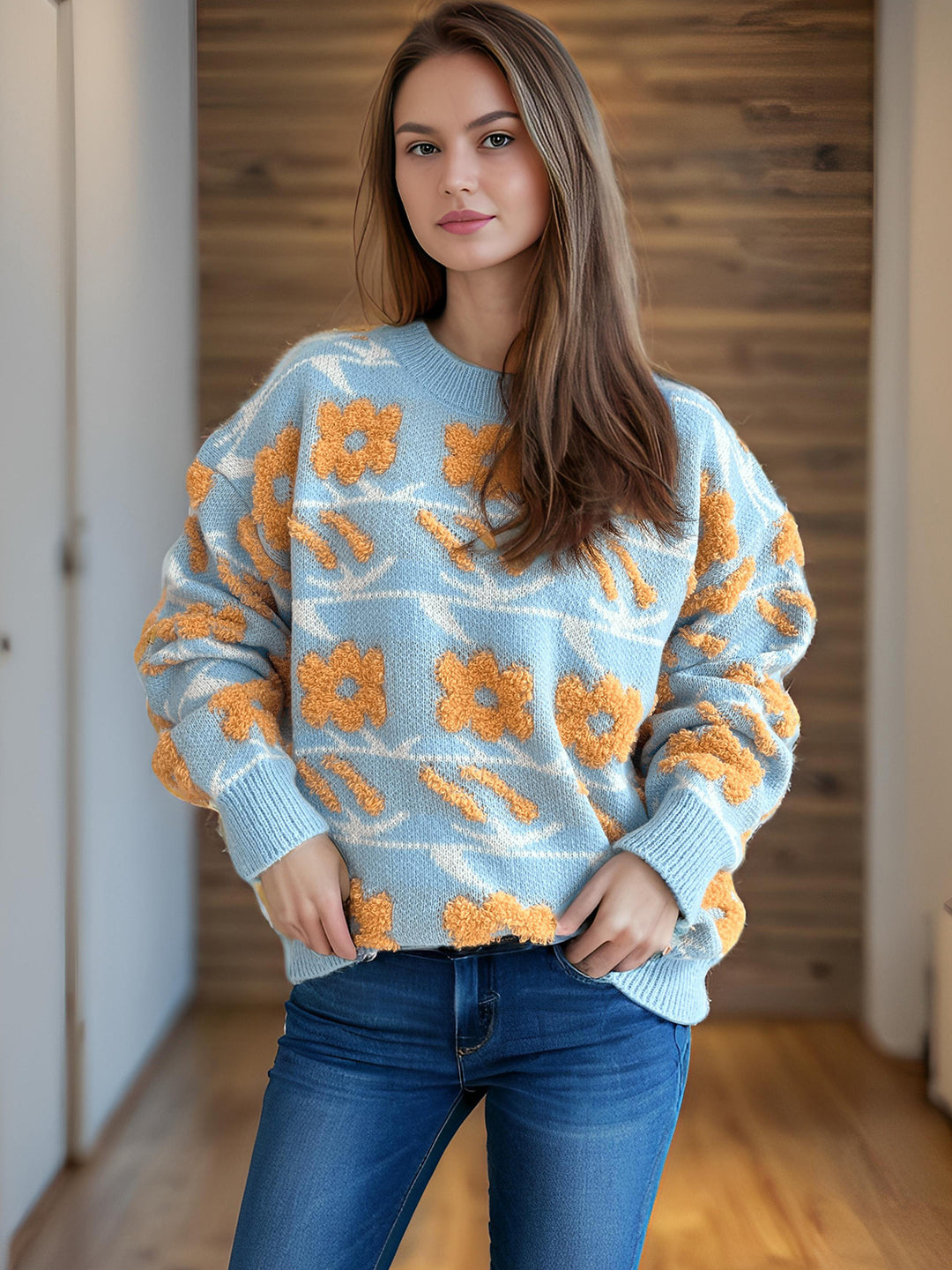 Damen Strickpullover mit floralem Muster und lässigem Schnitt Drune
